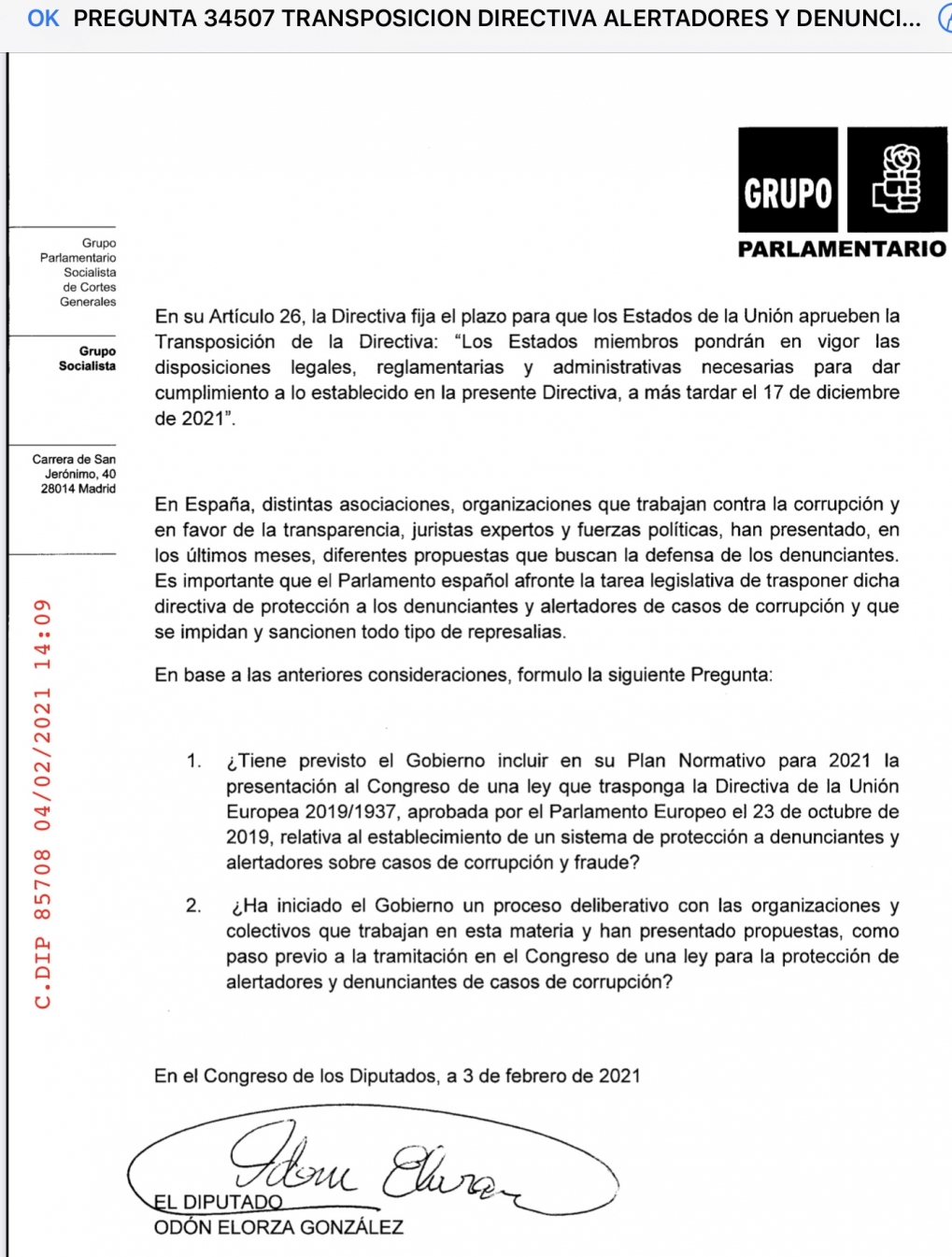 Respuesta del Gobierno a Pregunta sobre trasposici&oacute;n de Directiva Europea como Ley de Protecci&oacute;n a Denunciantes y Alertadores de casos de corrupci&oacute;n.