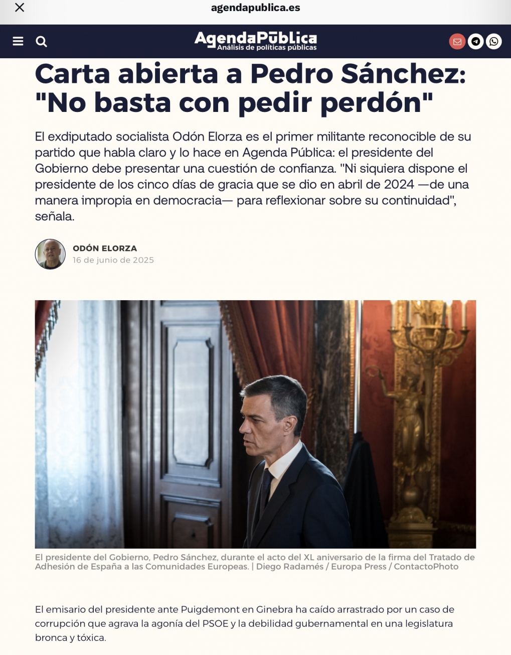 Carta a Pedro S&aacute;nchez: es cuesti&oacute;n de confianza.