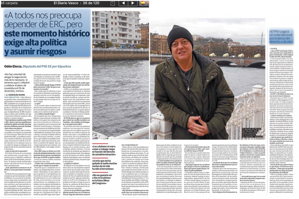 Entrevista para El Diario Vasco : &ldquo;La necesidad del di&aacute;logo con ERC y la formaci&oacute;n de un gobierno de izquierdas entre el PSOE y ERC.