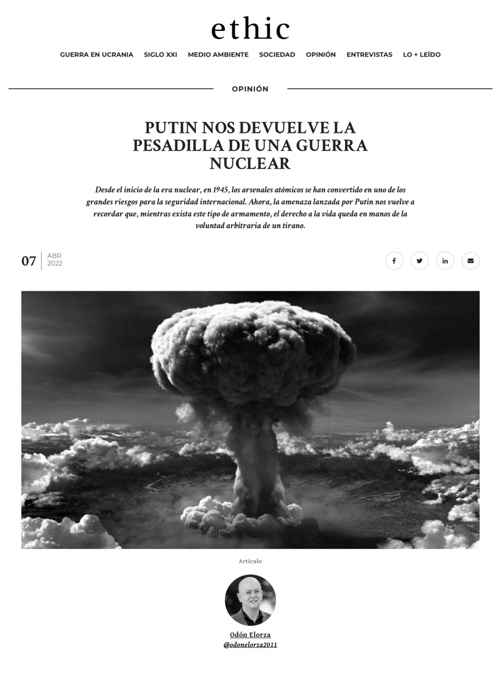 El tirano Putin nos devuelve la pesadilla de una guerra nuclear.