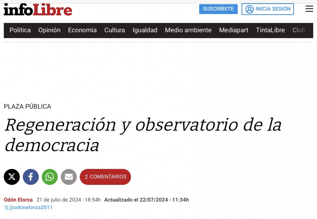 Regeneraci&oacute;n y necesidad de un Observatorio sobre la Democracia en Espa&ntilde;a vinculado al Parlamento.